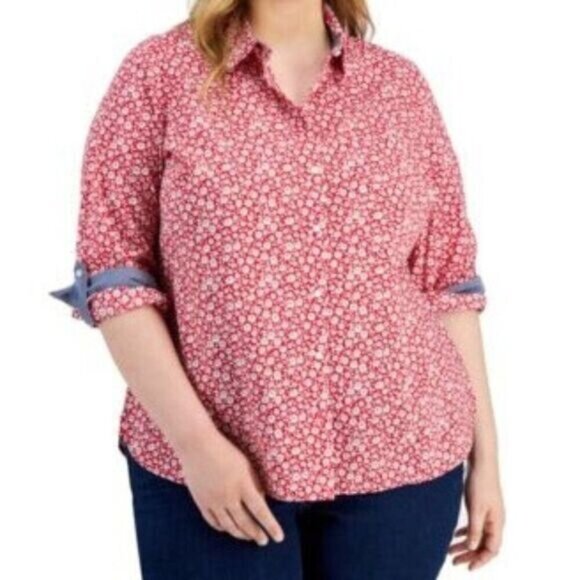 Tommy Hilfiger Plus Size Cotton Utility Shirt Scarlet and White 0X NWT - Picture 1 of 2